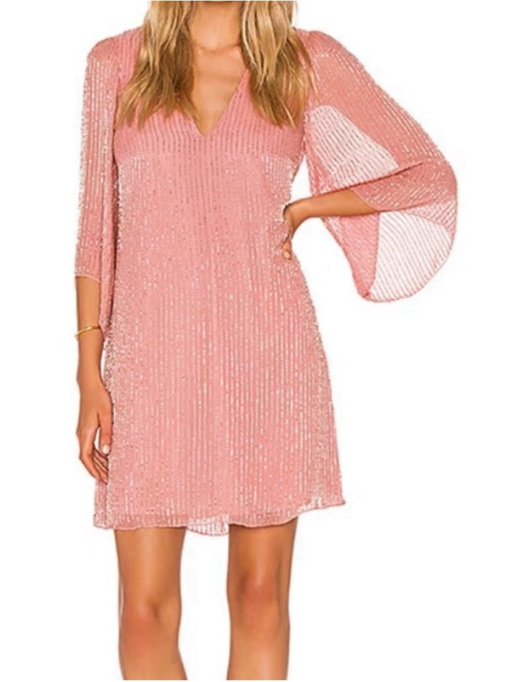 Alice + Olivia Tammin Sequin Beaded Mini V-Neck Shift Cocktail Dress Mauve M Med